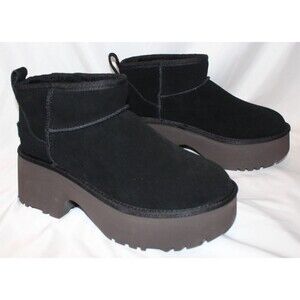 UGG WOMEN NEW HEIGHTS ULTRA MINI PLATFORM SUEDE SHEARLING LINED BOOTS BLACK